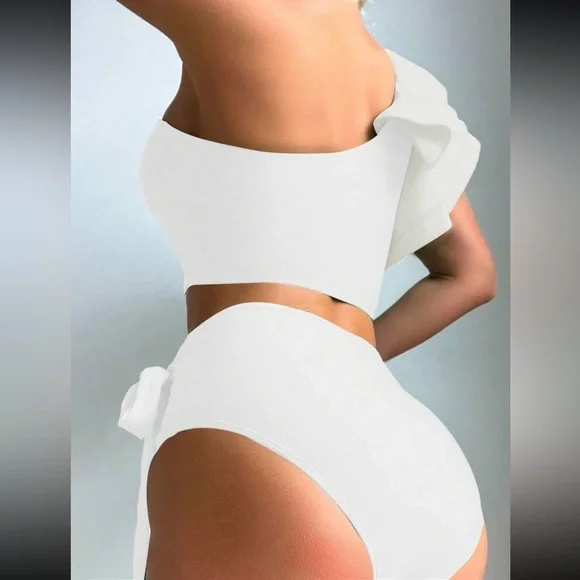 Black Swimsuit Swear wear Ruffle Trim One Shoulder Top High Waist Bottom - Picture 14 of 15